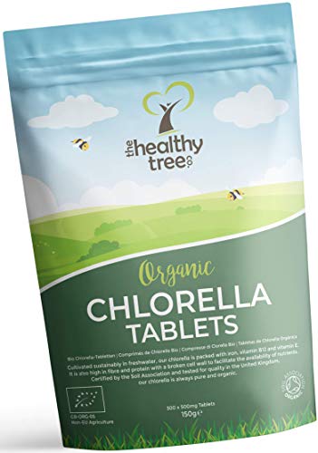 Tabletas de Chlorella Orgánica de The HealthyTree Company - Vegano, Vitaminas B12 y E, Hierro - Clorela Comprimidos de Pared Celular Rota, Certificada por el Reino Unido, 300 x 500 mg (150 g)