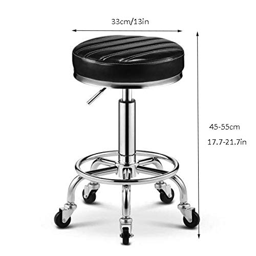 Taburete Regulable Ruedas con Rueditas，Silla de Barbero Profesional con Verde PU Cuero Sintético Asiento，Altura Regulable 45-55 cm，160kg de Capacidad de Carga，Taburete Regulable en Altura para La Bel
