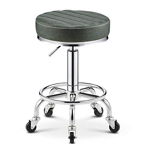 Taburete Regulable Ruedas con Rueditas，Silla de Barbero Profesional con Verde PU Cuero Sintético Asiento，Altura Regulable 45-55 cm，160kg de Capacidad de Carga，Taburete Regulable en Altura para La Bel