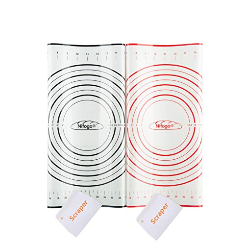 Tapete de Silicona para Hornear Baking Mat Grande Antiadherente, Raspador de Regalo, Incluye Medidas, Libre de BPA, para Hacer Fondant Pizza Dough Tarta, 60 x 40 cm (Rojo+Negro)