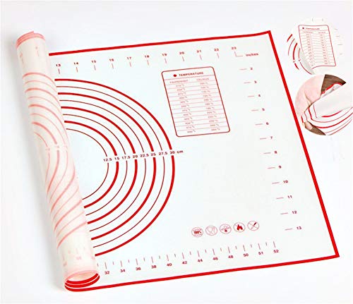 Tapete de Silicona para Hornear Baking Mat Grande Antiadherente, Raspador de Regalo, Incluye Medidas, Libre de BPA, para Hacer Fondant Pizza Dough Tarta, 60 x 40 cm (Rojo+Negro)