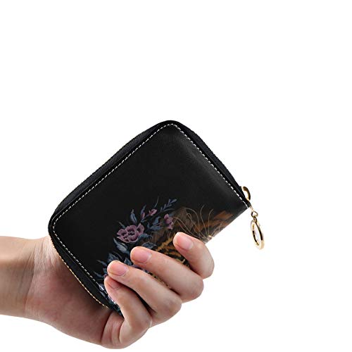 Tarjetero Estuche para Tarjetero Flores Florales Bordado Tigre Salvaje y Gratis Tarjetero Cartera con Monedero Cuero PU Cremallera Alrededor Tamaño Compacto Tarjetero múltiple para Mujeres Señoras Ch