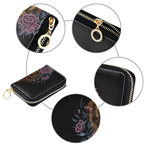 Tarjetero Estuche para Tarjetero Flores Florales Bordado Tigre Salvaje y Gratis Tarjetero Cartera con Monedero Cuero PU Cremallera Alrededor Tamaño Compacto Tarjetero múltiple para Mujeres Señoras Ch