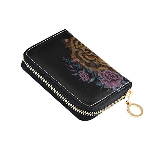 Tarjetero Estuche para Tarjetero Flores Florales Bordado Tigre Salvaje y Gratis Tarjetero Cartera con Monedero Cuero PU Cremallera Alrededor Tamaño Compacto Tarjetero múltiple para Mujeres Señoras Ch