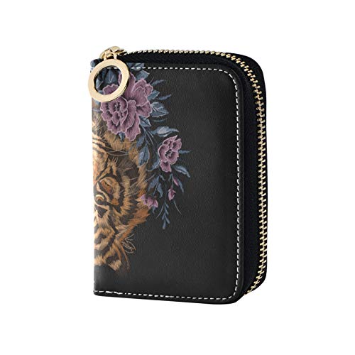Tarjetero Estuche para Tarjetero Flores Florales Bordado Tigre Salvaje y Gratis Tarjetero Cartera con Monedero Cuero PU Cremallera Alrededor Tamaño Compacto Tarjetero múltiple para Mujeres Señoras Ch