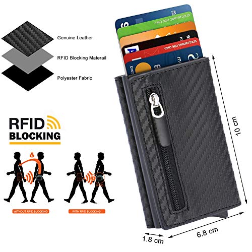 Tarjeteros para Tarjetas de Credito, SAMKING Automática Pop-up Tarjeteros Cuero Cartera para Mujer y Hombre (Carbon Negro)