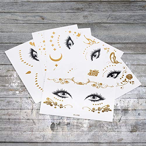 Tatuajes Temporales Tatuajes en la cara Pegatinas Dorados Pegatinas de Cara Festival Tatuajes Adhesivos Metalicos Tattoo Temporal Impermeable