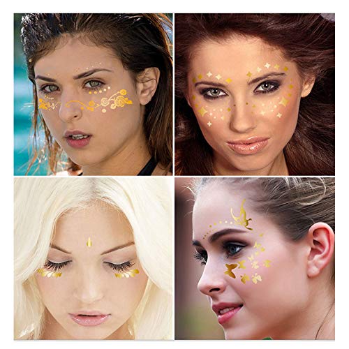 Tatuajes Temporales Tatuajes en la cara Pegatinas Dorados Pegatinas de Cara Festival Tatuajes Adhesivos Metalicos Tattoo Temporal Impermeable