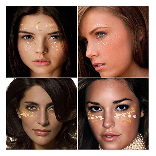 Tatuajes Temporales Tatuajes en la cara Pegatinas Dorados Pegatinas de Cara Festival Tatuajes Adhesivos Metalicos Tattoo Temporal Impermeable
