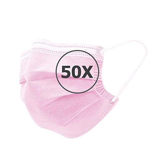 TBOC Protección Facial Desechable - [Pack 50 Unidades] [Color Rosa] Antipolen Antipolvo Ligera Suave y Transpirable con Pinza Nasal No Reutilizable