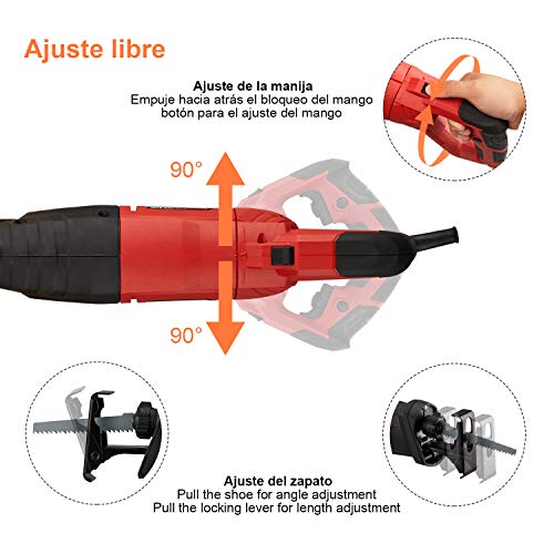 TEENO Sierra sable 850W con cable, Manija Giratoria (Izquierda y Derecha 90º), Gatillo de Velocidad Variable, 2 Hojas (Madera 6T HCS, Metal 14T BIM),LED