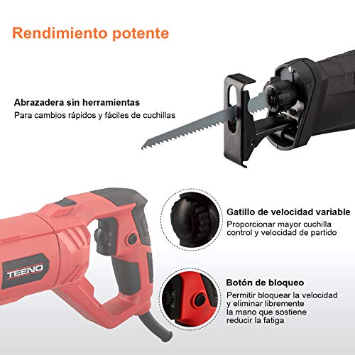 TEENO Sierra sable 850W con cable, Manija Giratoria (Izquierda y Derecha 90º), Gatillo de Velocidad Variable, 2 Hojas (Madera 6T HCS, Metal 14T BIM),LED