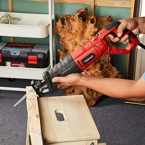 TEENO Sierra sable 850W con cable, Manija Giratoria (Izquierda y Derecha 90º), Gatillo de Velocidad Variable, 2 Hojas (Madera 6T HCS, Metal 14T BIM),LED