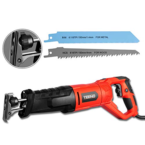 TEENO Sierra sable 850W con cable, Manija Giratoria (Izquierda y Derecha 90º), Gatillo de Velocidad Variable, 2 Hojas (Madera 6T HCS, Metal 14T BIM),LED