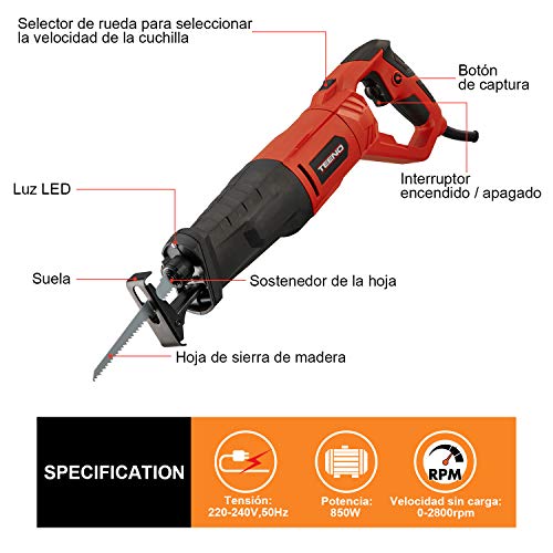 TEENO Sierra sable 850W con cable, Manija Giratoria (Izquierda y Derecha 90º), Gatillo de Velocidad Variable, 2 Hojas (Madera 6T HCS, Metal 14T BIM),LED