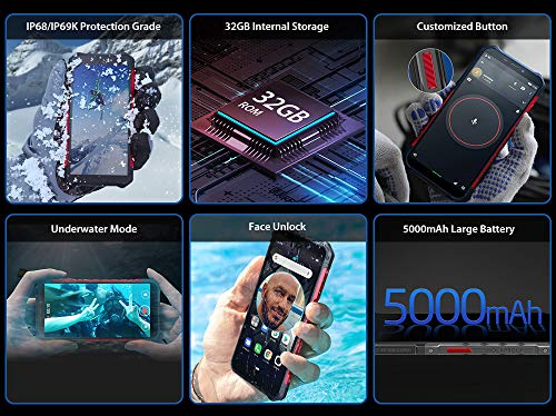 teléfono moviles Resistentes(2019), Ulefone Armor X3 con Modo Submarino, Android 9.0 5.5 ”IP68 Impermeable móvil Trabajo, Dual SIM, 2GB + 32GB, 5000mAh Batería, Desbloqueo Facial GPS Rojo