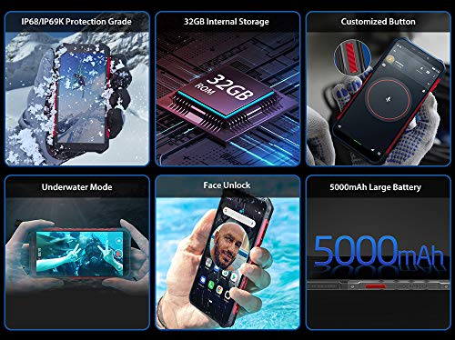 teléfono moviles Resistentes(2019), Ulefone Armor X3 con Modo Submarino, Android 9.0 5.5 ”IP68 Impermeable móvil Trabajo, Dual SIM, 2GB + 32GB, 5000mAh Batería, Desbloqueo Facial GPS Rojo