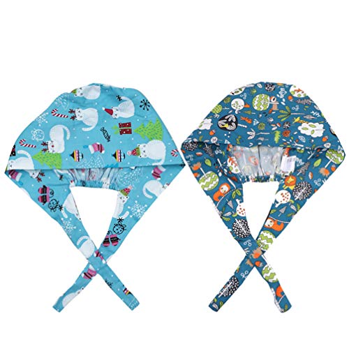 TENDYCOCO 2 Piezas Gorra de Algodón Correa Práctica Médico Gorro de Algodón Tocado Enfermera Sombrero Moda Gorro de Quirófano (Muñeco de Nieve León)