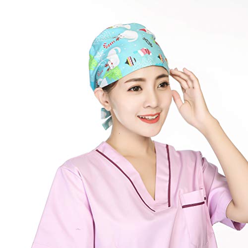 TENDYCOCO 2 Piezas Gorra de Algodón Correa Práctica Médico Gorro de Algodón Tocado Enfermera Sombrero Moda Gorro de Quirófano (Muñeco de Nieve León)