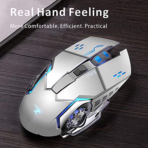 TENMOS T85 Raton Inalambrico Gaming,2.4G USB LED Recargable Inalámbrico silencioso óptico, Sleep Automático, Mango Ergonómico, 3 dpi Ajustable, 6 Botones para Mac/PC/Portatil/Ordenador (Plata)