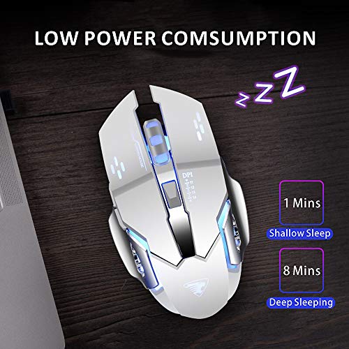 TENMOS T85 Raton Inalambrico Gaming,2.4G USB LED Recargable Inalámbrico silencioso óptico, Sleep Automático, Mango Ergonómico, 3 dpi Ajustable, 6 Botones para Mac/PC/Portatil/Ordenador (Plata)