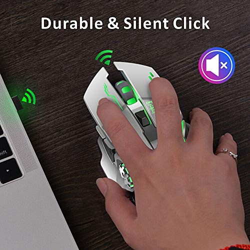 TENMOS T85 Raton Inalambrico Gaming,2.4G USB LED Recargable Inalámbrico silencioso óptico, Sleep Automático, Mango Ergonómico, 3 dpi Ajustable, 6 Botones para Mac/PC/Portatil/Ordenador (Plata)