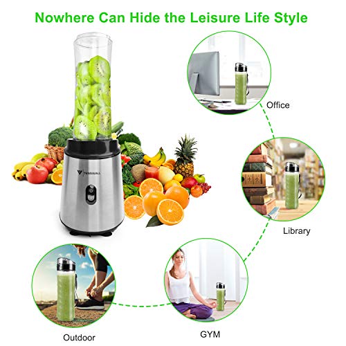 Tenswall Batidora de Vaso para Smoothies, Licuadora con Cuerpo de Acero INOX Capacidad y 2 Sin BPA Botellas Portátiles de 600 ml y Taza de Molienda de 200 ml, Pica Hielo,Fresado Café, 400W - Plata