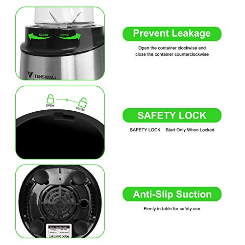 Tenswall Batidora de Vaso para Smoothies, Licuadora con Cuerpo de Acero INOX Capacidad y 2 Sin BPA Botellas Portátiles de 600 ml y Taza de Molienda de 200 ml, Pica Hielo,Fresado Café, 400W - Plata