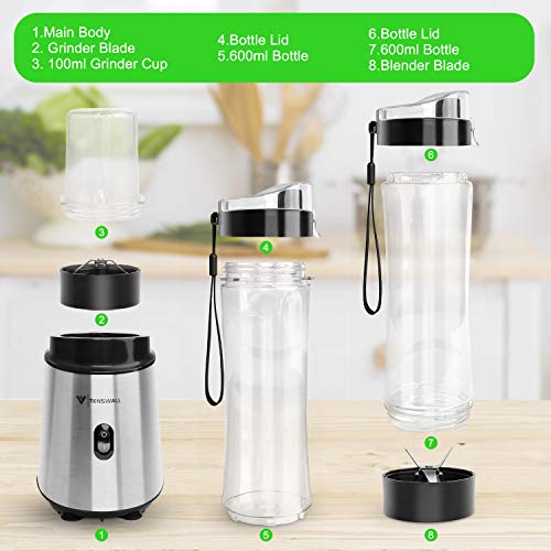 Tenswall Batidora de Vaso para Smoothies, Licuadora con Cuerpo de Acero INOX Capacidad y 2 Sin BPA Botellas Portátiles de 600 ml y Taza de Molienda de 200 ml, Pica Hielo,Fresado Café, 400W - Plata