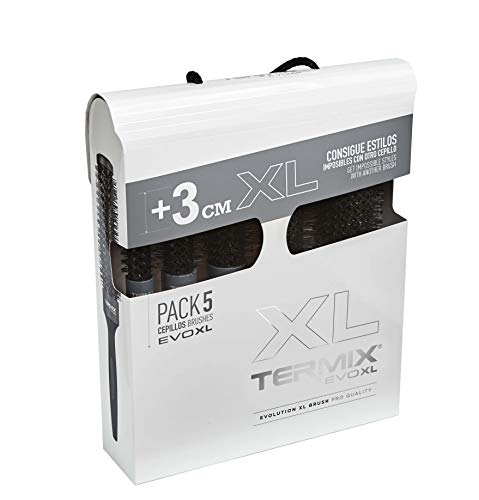Termix Evolution XL - Pack de 5 cepillos de pelo térmicos redondos. 3 cm más largo. Reduce el tiempo del secado gracias a sus fibras ionizadas y su tubo anti-adherente