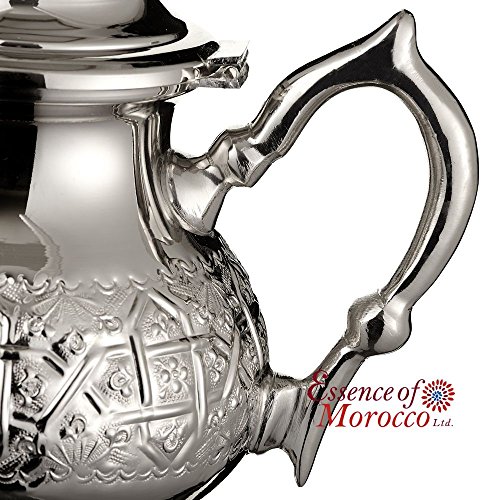 Tetera Marroquí en Plata Maillechort con Filtro Integrado y Manopla Auténtica Tradicional Modelo Grabado con Diseño Clásico Arabe Hecho a Mano Mediano (Aproximadamente 500 ml 5 vasos)