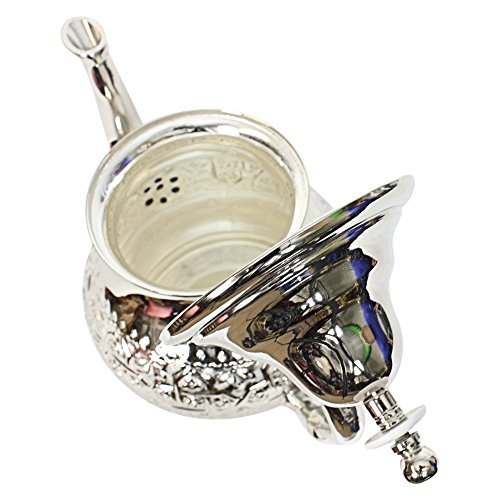 Tetera Marroquí en Plata Maillechort con Filtro Integrado y Manopla Auténtica Tradicional Modelo Grabado con Diseño Clásico Arabe Hecho a Mano Mediano (Aproximadamente 500 ml 5 vasos)