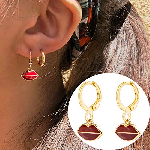 TGHYB Pendientes Redondos, Labios Rojos Dorados Vintage Perforación con Bisagras Fiesta De Moda Doble Whoop Casarse Encantos Cuelgan Anillo Colgante Pendientes para Hombres Damas Niña Regalos