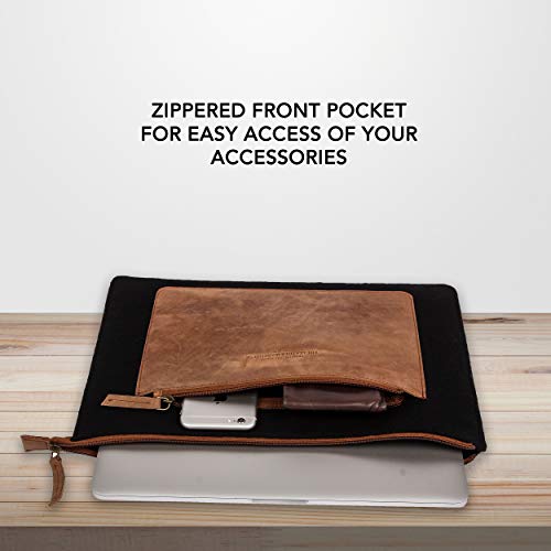 THE LEATHER WAREHOUSE Funda de Cuero para Laptop con Bolsillo Frontal Compatible con MacBook Air y Pro Lenovo HP H-10.7"W- 14.8" Negro y Bronceado