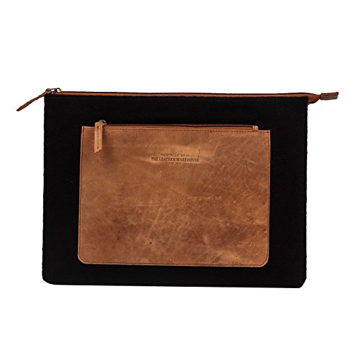THE LEATHER WAREHOUSE Funda de Cuero para Laptop con Bolsillo Frontal Compatible con MacBook Air y Pro Lenovo HP H-10.7"W- 14.8" Negro y Bronceado