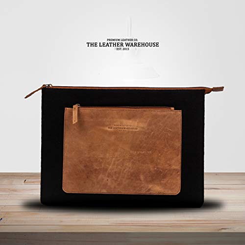 THE LEATHER WAREHOUSE Funda de Cuero para Laptop con Bolsillo Frontal Compatible con MacBook Air y Pro Lenovo HP H-10.7"W- 14.8" Negro y Bronceado