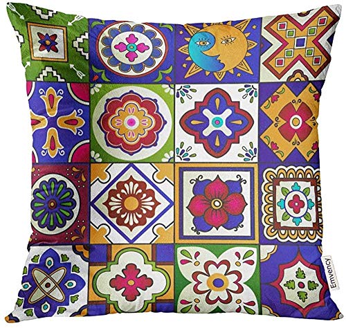 Throw Blue Mexico Talavera De 16 Azulejos Mexicanos Funda De Almohada De Mosaico Amarillo Funda De Cojín Decorativa: Muy Adecuada Para La Decoración De La Sala De Estar De La Oficina En El 2 Piezas