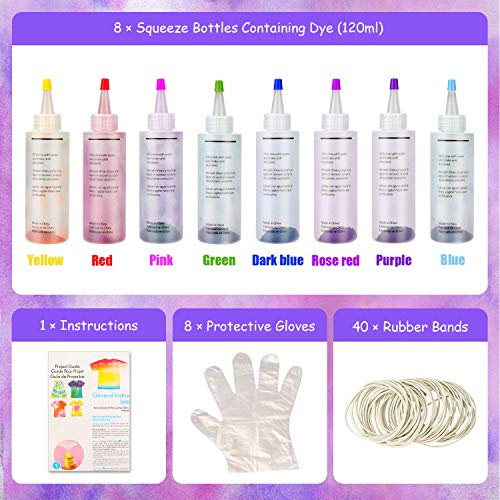 Tie Dye Kit, Sinwind 8 Colores Vibrantes Pinturas Textiles de Tela, con 40 Bandas de Goma, 8 Pcs de Guantes de Plástico, para Tela Pinturas, Actividades del Campus