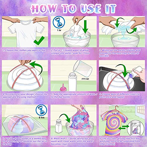 Tie Dye Kit, Sinwind 8 Colores Vibrantes Pinturas Textiles de Tela, con 40 Bandas de Goma, 8 Pcs de Guantes de Plástico, para Tela Pinturas, Actividades del Campus