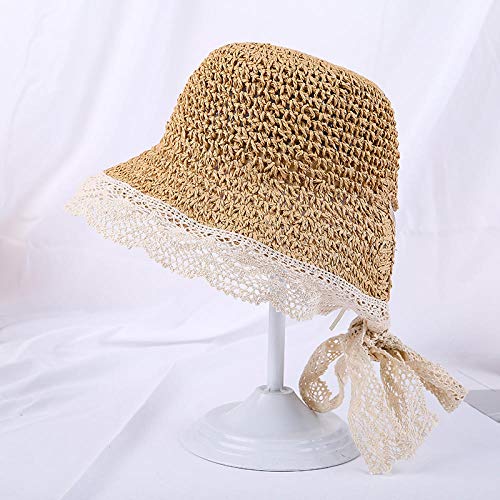 TIEDAN Sombrero de Paja para niños niñas Protector Solar Verano Encaje Lateral con Cordones Sombrero de Sol con Tiras bebé Playa Sombrero de Pescador-Caqui_Infantil (48-52cm)