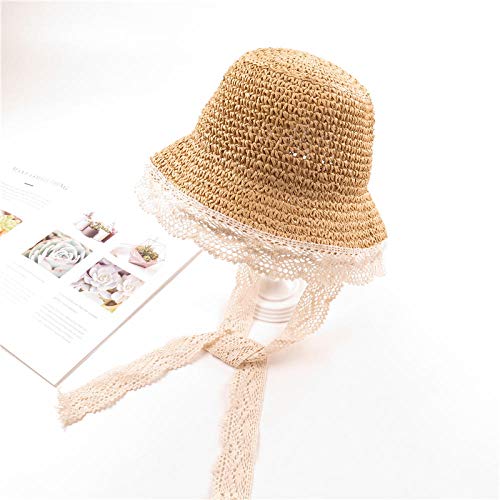 TIEDAN Sombrero de Paja para niños niñas Protector Solar Verano Encaje Lateral con Cordones Sombrero de Sol con Tiras bebé Playa Sombrero de Pescador-Caqui_Infantil (48-52cm)