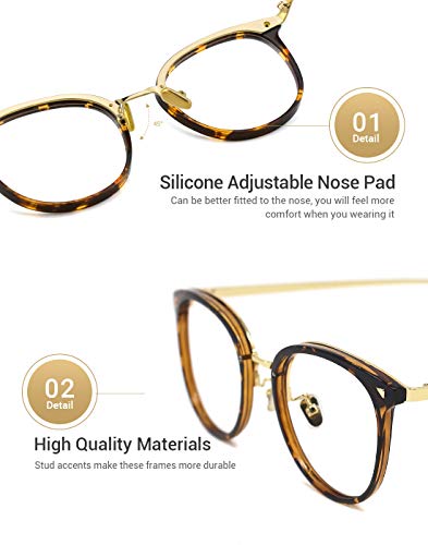 TIJN Marco redondo vintage de anteojos sin receta con lentes transparentes para mujer Tortuga Medio