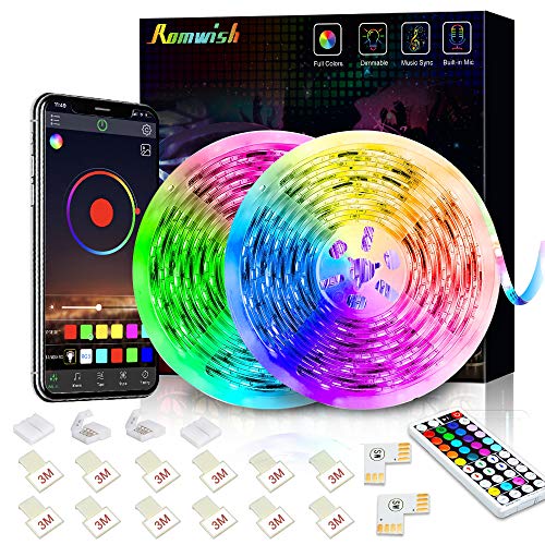 Tiras LED 10M, Romwish 5050 SMD RGB 300 LEDs con Control Remoto RF de 44 Botones & Control Bluetooth,para la Habitación, Dormitorio, fiestas, bares