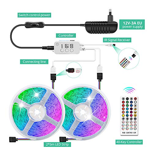 Tiras LED, COOLAPA 10M Bluetooth Tiras de Luces LED Iluminación con 12V 300 LEDS, APP y de Control Remoto, Impermeable IP65, Función Musical, 28 Colores 8 Modos y DIY, Adaptador, Hogar, Jardín