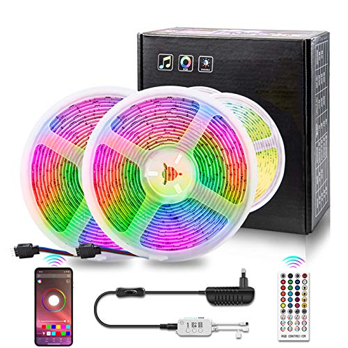 Tiras LED, COOLAPA 10M Bluetooth Tiras de Luces LED Iluminación con 12V 300 LEDS, APP y de Control Remoto, Impermeable IP65, Función Musical, 28 Colores 8 Modos y DIY, Adaptador, Hogar, Jardín