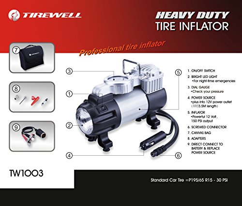 TIREWELL Inflador de neumáticos 12 V – Bomba de Metal de Disco Duro Directo de 150 PSI, compresor de Aire portátil con luz LED y Abrazadera de batería