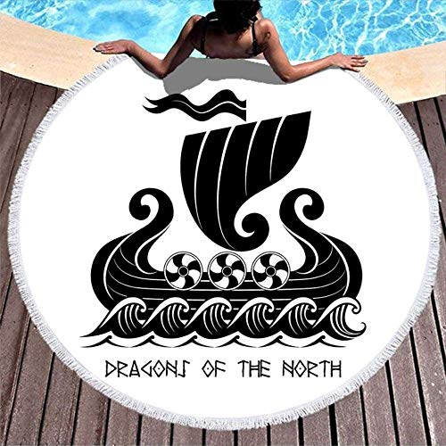 Toalla de Playa Redonda, Barco de Drakkar nórdico y Ola de mar, navegación, Aventura, Tatuaje, impresión, Manta de Abrigo de Playa con Flecos Redondos
