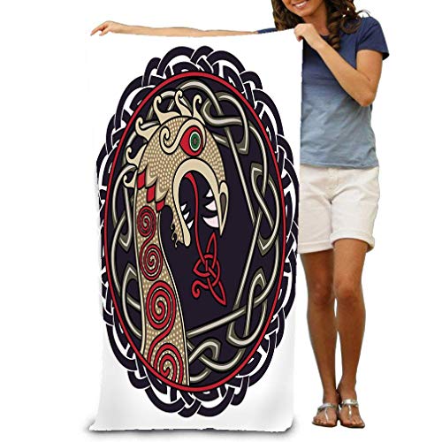 Toalla de Playa Toalla de Piscina 130X80Cm Diseño escandinavo Figura Nasal Barco Vikingo Forma Drakkar Dragón Escandinavo Patrón retorcido Acuarela