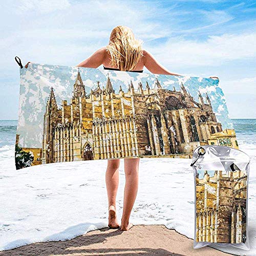 Toalla de Viaje de Playa de Secado rápido, Gran Edificio gótico Orilla del mar Catedral de Palma de Mallorca Vista Desde la Carretera Toalla de baño 160X80 cm
