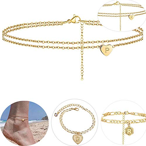 Tobilleras para Mujer Boho, Pulsera De Oro con Forma De Corazón De 26 Letras, Accesorios De Joyería De Playa De Longitud Ajustable para Niñas Y Niños (Style1) (Q)